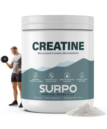 SURPO Micronized Creatine Monohydrate Powder - 300g 60 Servings | Pure Creatine Powder | Unflavored | Gluten Free & Non GMO Workout Supplements for Men & Women | Ideal for Muscle Recovery & Growth