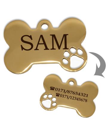 Ibera Gifts - Personalized pendants for small to medium -sized dogs and cats in bone shape with paw - engraving dog brand collar dog neck band Name personalized dog address trailer gold small 1 paw