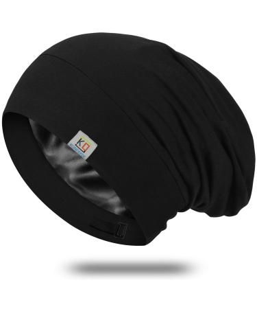 Silk Bonnet Sleep Cap-Satin Sleeping Cap for Women and Men,Soft and Comfortable of Silk Night Cap,Large Beanie Hat & Adjustable of Shower Cap Hair Cover Bonnets Used for Natural Curly Hair Protection Black