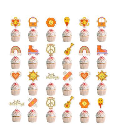 Hippie Party Cupcake Toppers Two Groovy Cupcake Picks 60s Retro Boho Cake Decorations for Two Groovy Birthday Party Baby Shower Party Hippie Party Decorations Supplies(60 PCS) Multicolor 2