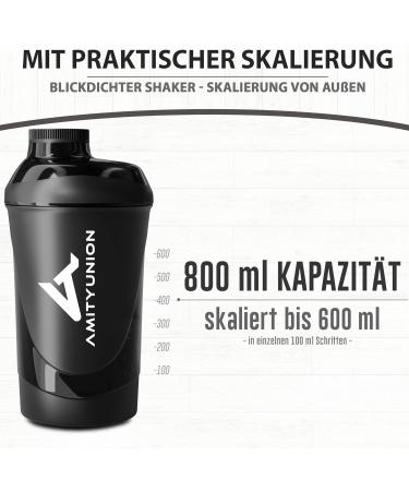 Amityunion Protein Shaker Deluxe 800ml - Leak-Proof BPA-Free Sieve & Scale for Creamy Whey Shakes - Midnight Black - Buy Online on GoSupps.com