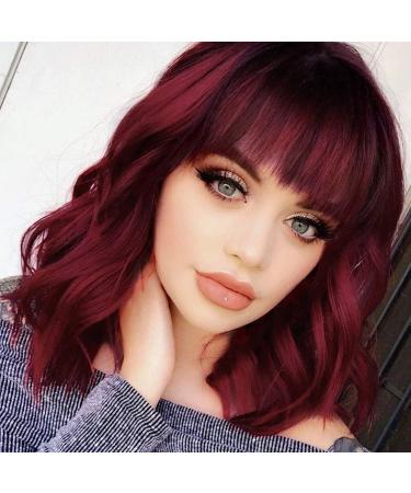 Red Wavy Wigs for Women, Wine Red Short Wig with Bangs Shoulder Length Burgundy Wigs for White Women, Natural Looking Bob Curly Wigs for Black Women, Heat Resistant Fiber Wigs 12 Inch for Daily Party WR1201NT