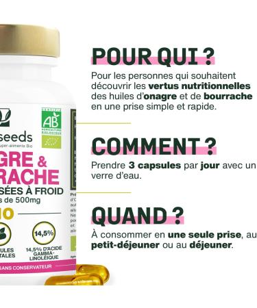 Huile d Onagre et Bourrache BIO | Premi re pression froid | 14 5% acide gamma-linol ique | 90 capsules v g tales vegan | Fabriqu en France | Qualit Sup rieure - Buy Online on GoSupps.com
