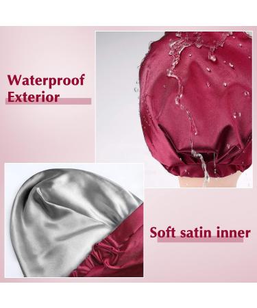Arqumi Reusable Shower Cap with Ribbon Bow - Waterproof Double-Layer Hair Bonnet for Women Men - Wine Red - Buy Online on GoSupps.com