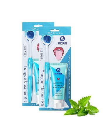 Oral Hygiene Brush & Tongue Cleansing Gel Tongue Cleaning Brush Kit Mint Tongue Cleansing Gel and Tongue Cleaner Brush Tongue Scraper Mouth Scrubber Remove Bad Breath and Freshen Breath (2PC)