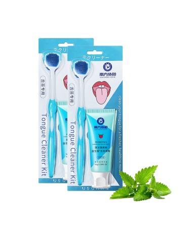 Oral Hygiene Brush & Tongue Cleansing Gel Tongue Cleaning Brush Kit Mint Tongue Cleansing Gel and Tongue Cleaner Brush Tongue Scraper Mouth Scrubber Remove Bad Breath and Freshen Breath (2PC)
