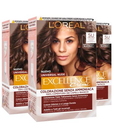 3 x L'Or al Paris Excellence cream permanent hair color universal nude light brown 5U triple treatment - 3 colors 3 x color light brown 5U
