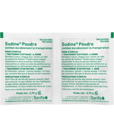 SORIFA - Pack of 40 - Sudine Powder Antiperspirant Treatment - Foot - Regulates perspiration - Absorbs - Prevents mycoses - Without aluminum salts - Made in France - Box of 6 double sachets - Buy Online on GoSupps.com