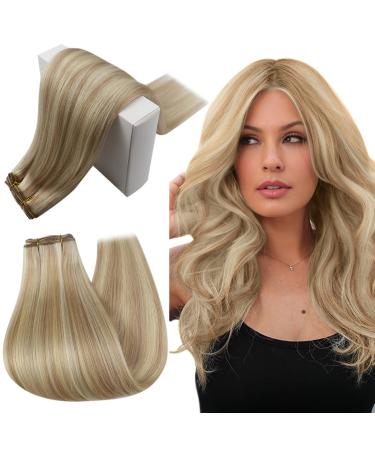Runatur treat real hair extensions ashblonde with platinum blonde highlight invisible 100g remy hair stretching hair extension human hair black 55cm real hair brawl for sewing extensions 55cm 2 dresses#18ap60