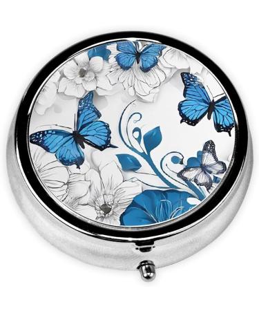 Blue Butterflies White Flowers Mini Round Pill Box | 3 Compartment Travel Organizer | Portable Medicine Case for Home & Office - Buy Online on GoSupps.com
