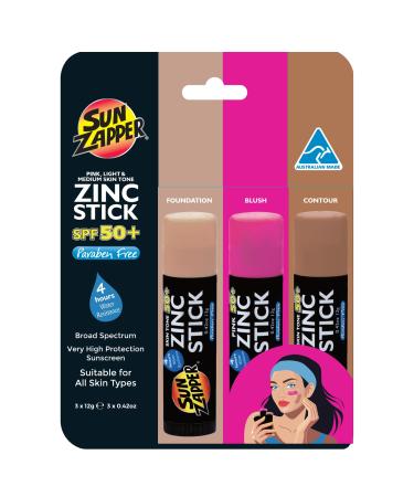 Sun Zapper Beauty Pack - Light Skin Tone Dark Skin Tone Pink (3 Pack) - SPF 50+ Zinc Oxide Sunscreen Sticks