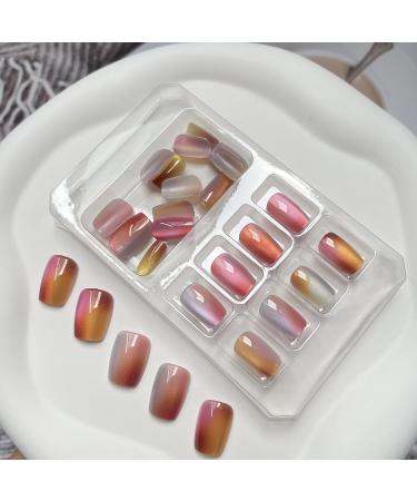 24Pcs Cat Eye Press On Nails | Short Cute Glue-On Acrylics | Full Cover Glossy Rainbow Fake Nails | Reusable Manicure Decor for Women & Girls - Buy Online on GoSupps.com