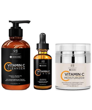 Radha Beauty Vitamin C Complete Facial Care Kit - 3-in-1 Anti-Aging Set with Cleanser, Serum, and Moisturizer for Wrinkles, and Dark Spots. Day & Night Brightening Skincare Gift Set