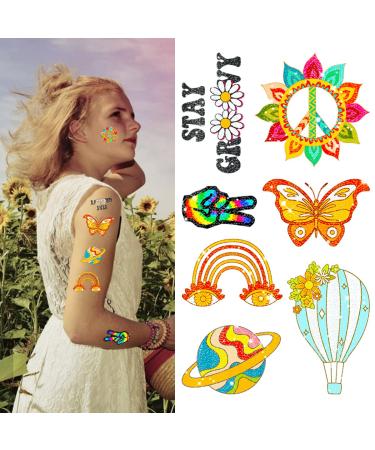 Groovy 70s Temporary Tattoos - Flower Glitter Fake Tattoo Stickers for Retro Hippie Decor - 20 Sheets - Buy Online on GoSupps.com