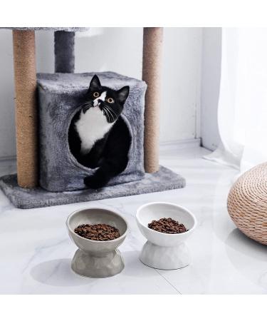 Ceramic Tilted Elevated Cat Bowls Set - Stress-Free Feeder for Cats and Small Dogs - Dishwasher & Microwave Safe - White+Grey (Set of 2) - Buy Online on GoSupps.com