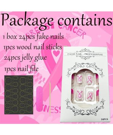 24Pcs Sparkly Breast Cancer Awareness Press-On Nails - Short Square Fake Nails with Pink Glitter & Ribbon Design for Women & Girls - Buy Online on GoSupps.com