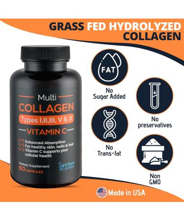 Saint-Marie de los Andes Multi Collagen Pills (Types I II III V & X) + Vitamin C + Absorption Enhancer (1 Month Supply) - Collagen Supplements to Support Hair Skin Nails Joints & Gut Health - Buy Online on GoSupps.com