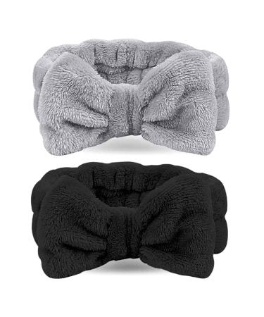Spa Headband  2 Pack Bow Hair Band Women Facial Makeup Head Band Soft Coral Fleece Head Wraps For Shower Washing Face Black+Gray