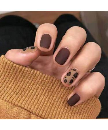 Sethexy Short Square Leopard Pattern Brown Matt False Fingernails - Complete Cover Acrylic Press-On Nail Tips for Women & Girls | International Shipping - Buy Online on GoSupps.com