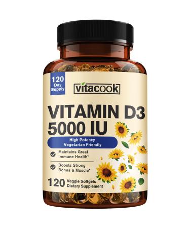 Vitacook Vitamin D3 5000 IU (125 mcg) 4 Months Supply for Supporting Cardiovascular Health Strong Bones & Muscle Function Vegetarian Once Daily Non-GMO 120 Softgels