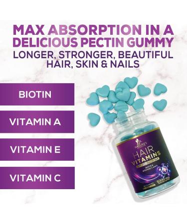 Hair Gummies with Biotin 5000mcg, Vitamin E & C - Hair Growth Support for Stronger Hair, Skin & Nails - 60 Gummy Hearts - Buy Online on GoSupps.com
