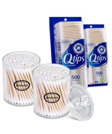 2-Pack 500 Count Q-tip Cotton Swabs - Multipurpose Soft and Firm Cotton Buds for Body Hygiene Beauty Care and Tool Cleaning - Bundled with 2 Peaknip Q-tip Holder & Dispenser