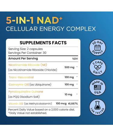 Anyglory NAD+ Supplement with 500mg NR, Resveratrol, CoQ10, PQQ- 5-in-1 NAD Formula |NMN Supplement Alternative|NAD Resveratrol Support Cellular Energy & Healthy Aging-Made in USA-60 Capsules - Buy Online on GoSupps.com