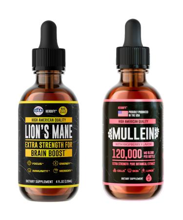 HERBIFY Bundle - Lions Mane & Mullein 4 Fl Oz Raspberry Drops - Supplement for Memory Focus & Clarity & Immune Support Lung Cleanse and Bronchial Support