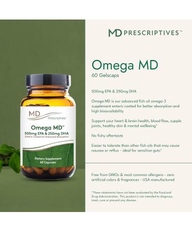 MD Prescriptives Omega MD Supplement - 500 EPA & 250 DHA Omega 3 Fish Oil - Supports Brain Health & Joints* - No Fishy Smell - 60 Softgels - Buy Online on GoSupps.com