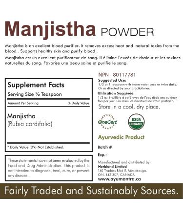 AyuMantra Organic Manjistha (Rubia cordifolia) Powder -Rejuvinate skin- 114 gms / 4oz - Buy Online on GoSupps.com