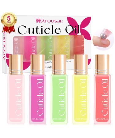 Arousar Cuticle Oil 5pcs 10ml Nail Oils Set Rollerball Applicator for Nails Natural Cuticle Care Kit Essential Oils for Nails Smoothing Nourishing and Moisturizing Sweet Peach A2-Peach
