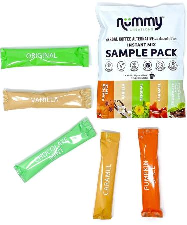 Nummy Creations Sample Pack Instant Herbal Coffee Alternative with Dandelion. Full Bodied Caf Taste, Caffeine-Free, All Natural, Chicory Coffee, Coffee Substitute in all Five Flavours: Original, Caramel, Vanilla, Pumpkin Spice, Chocolate-Mint. Makes 3-5 C