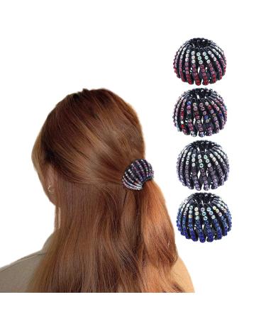 Zasolf Bird Nest Hair Clips 4 Pcs Magic Hair Accessories for Women Vintage Expandable Bun Fixed Hair Claw Restractable Rhinetone Ponytail Holder 4 Colors Hairpin Buckles