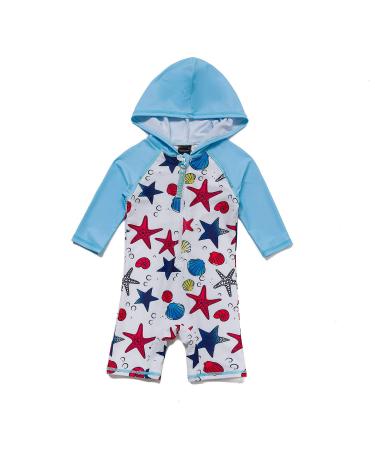 BONVERANO Baby Boys Swimsuit Toddler Bathing Suit Zip-up Full-Zip Hoodie One Piece Swimwear with UPF 50+ Sun Protection 9-12 Months Blue Star