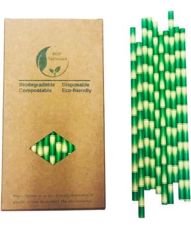 Bamboo Cocktail Paper Straws - Green Bamboo Print - Disposable Biodegradable Non Plastic - 100 Pack 6*197mm - Buy Online on GoSupps.com