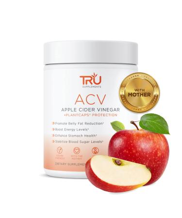 TRU ACV Apple Cider Vinegar Organic ACV with The Mother Lowers Blood Sugar Improves Digestion and Skin Health 45 Servings 1000mg