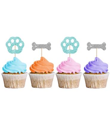 Dog Paw & Bone Cupcake Toppers Puppy Baby Shower Cupcake Toppers Puppy Themed Dessert Picks Baby Girl/Boy Birthday Party Decoration - Blue & Silver Glitter