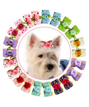 YOY 24PCS / 12 Pairs Adorable Grosgrain Ribbon Pet Dog Hair Bows with Rubber Bands - Puppy Topknot Cat Kitty Doggy Grooming Hair Accessories Bow Knots Headdress Flowers Set for Groomer 24 pcs 1.2" Bows with Flowers