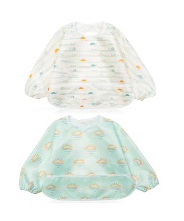Little Dimsum Long Sleeves Toddler Weaning Bibs | Sleeved Baby Waterproof Feeding Coverall Set | Catching Food & Wipe Clean 6-36 Months(Turtle&Sun) Turtle & Sun