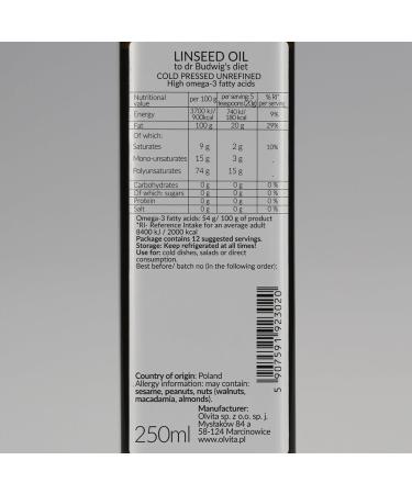  Olvita Ol'Vita Virgin Linseed Oil - Cold-Pressed Linseed Oil - Pure Natural Raw Pesticide Free - Dr. Budwig Dietary Supplement 250ml - Buy Online on GoSupps.com