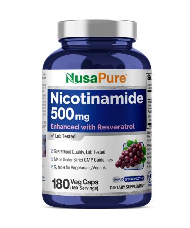 NusaPure Nicotinamide with Resveratrol (Vitamin B-3) 500 mg - 180 Vegetarian Caps (Non-GMO & Vegan)