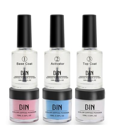 Dip Powder Nail Kit 3 Colors Dipping Powder with 3PCS Dip Powder Liquid Set French Nail Tips & Nail Glue Clear Pink Glitter Silver Nail Dipping Powder Starter Kit for Home DIY Manicure Salon (A)