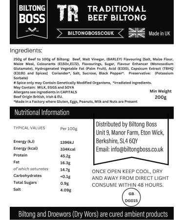 Biltong Boss Traditional Beef Snack 200g - High Protein, Gluten-Free, Paleo, Keto & Atkins Friendly, Low Sugar & Carbs - Ready-to-Eat Healthy Post-Workout Option - Buy Online on GoSupps.com