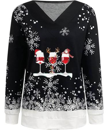 Women's Lightweight Christmas Print Sweatshirt - Loose Fit V Neck Pullover, Snowman Tree Design, Long Sleeve Top - Casual Crew Jersey - Wine (Small) - Buy Online on GoSupps.com