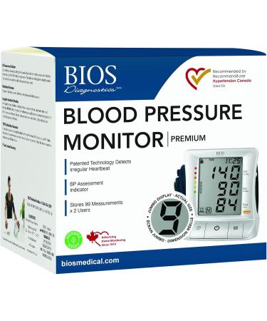 BIOS Diagnostics Premium Blood Pressure Monitor #1 Canadian Blood Pressure Manufacturer* 2 Users 90 memory Detects Irregular Heartbeat Medication Alarm Hypertension Indicator 2 User 99 Memory Jumbo LCD Display - Buy Online on GoSupps.com
