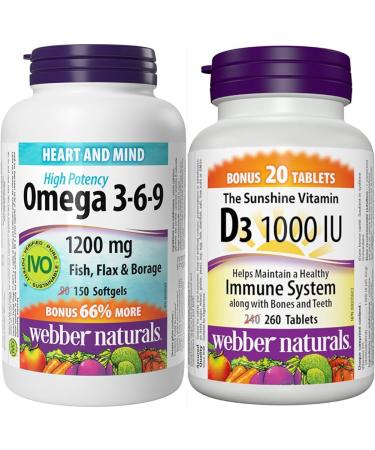 Webber Naturals Omega 3-6-9 Fish Oil 1 200 mg + Vitamin D3 1000 IU Bundle Omega 3-6-9 + Vitamin D3 1000 IU