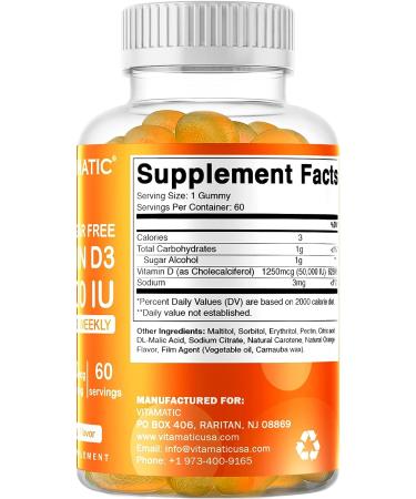 Vitamatic Sugar Free Vitamin D3 50,000 IU Weekly Gummies - 60 Pectin Capsules for Bone, Teeth, and Immune Health - Buy Online on GoSupps.com