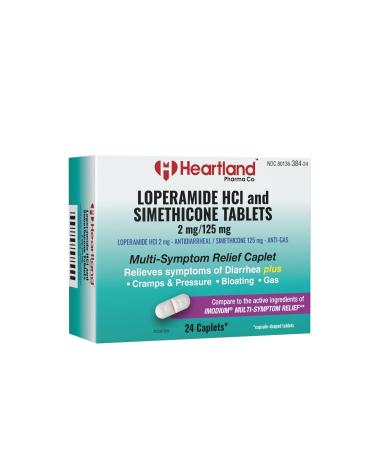 Heartland Pharma Multi-Symptom Loperamide Hydrochloride 2mg & Simethicone 125mg Caplet Anti-Diarrhea & Anti-Gas Blister Pack (24 Count) Multi-Symptom 24 Count (Pack of 1)