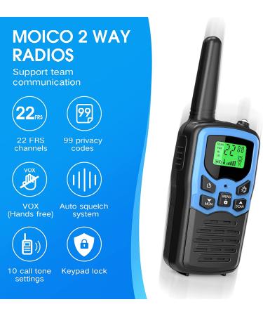 MOICO Long Range Walkie Talkies for Adults - 2 Pack Blue Two-Way Radios for Field Survival, Camping, Hiking - 22 Channels FRS VOX Scan LCD Display with LED Flashlight - Buy Online on GoSupps.com