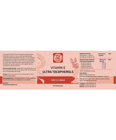 Kala Health Vitamin E 1000IU Ultra Tocopherol 450mg - Vegan All 4 Tocopherols - Alpha, Beta, Gamma, Delta - d Alpha Tocopherol - Vitamin E Supplement - Buy Online on GoSupps.com